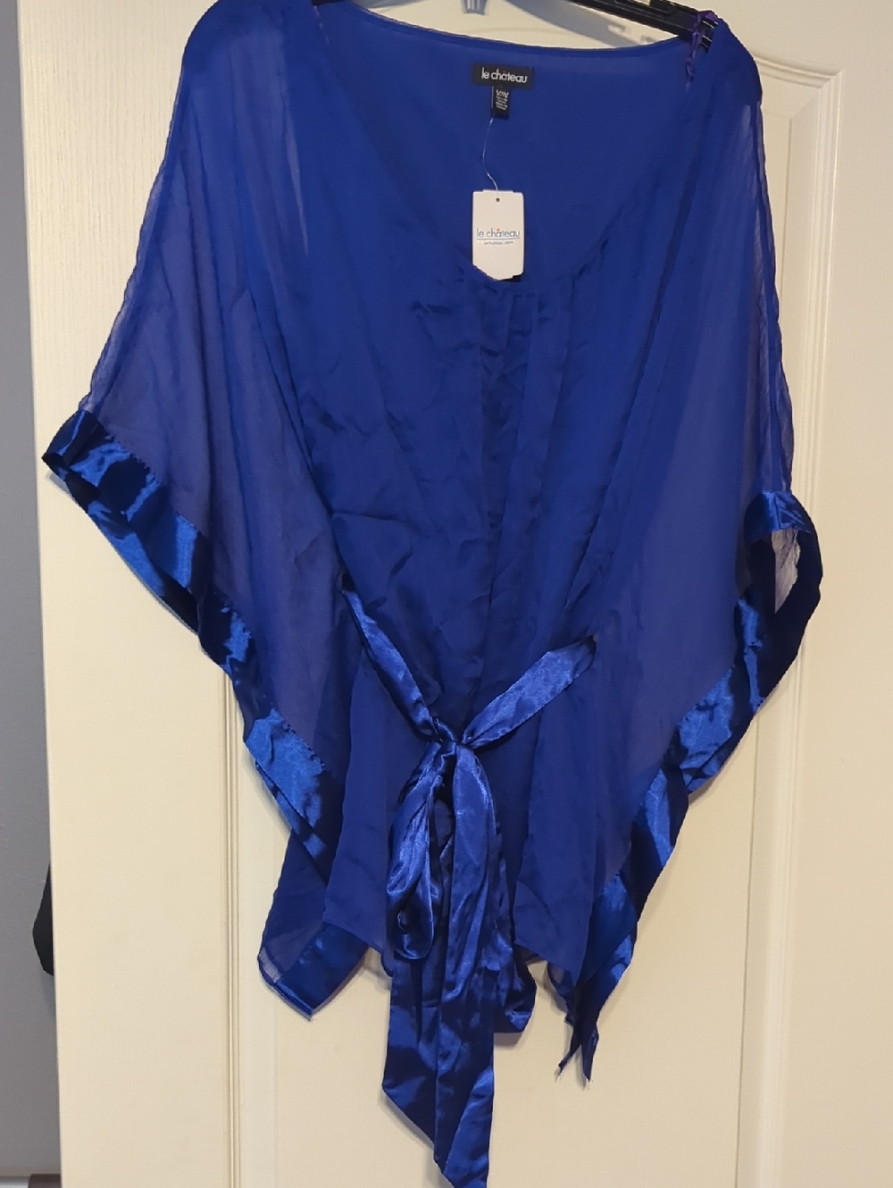 Le Chateau Cobalt Blue Sheer Satin-Trim Kimono Wrap